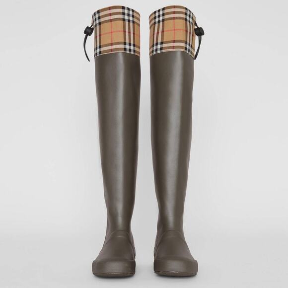 Burberry Tall Rain Boots Olive Plaid Check - Picture 1 of 11
